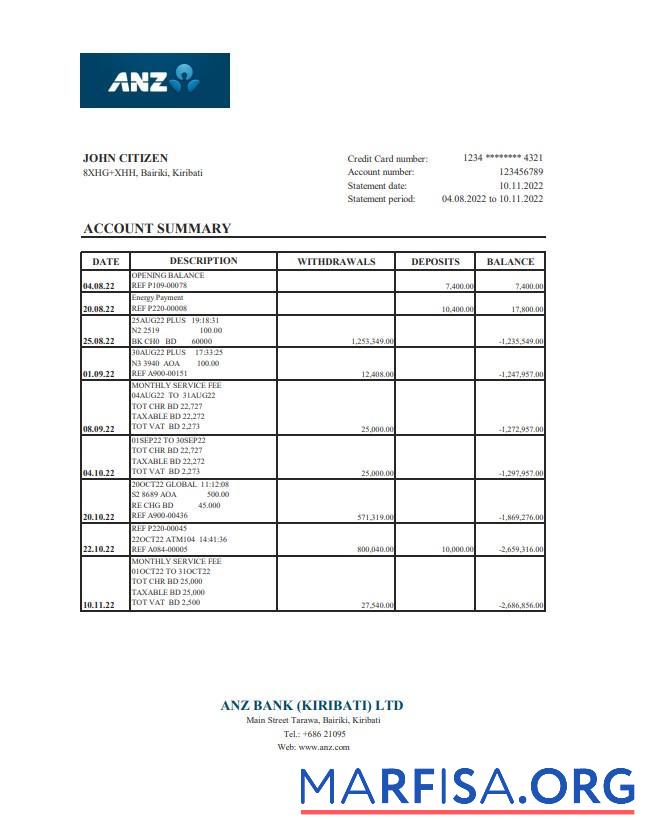 Printable Kiribati ANZ bank statement excel real example